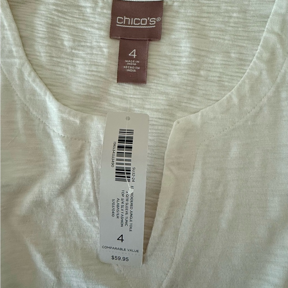 🆕 Chico's embroidered jungle toile
3-qtr sleeve tunic top *NWT* $59.95 size: XXL - Picture 4 of 12